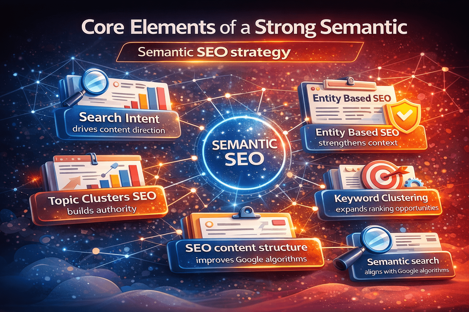 3D infographic showing the core elements of a strong semantic SEO strategy, including search intent, topic clusters SEO, entity based SEO, keyword clustering, SEO content structure, and semantic search.