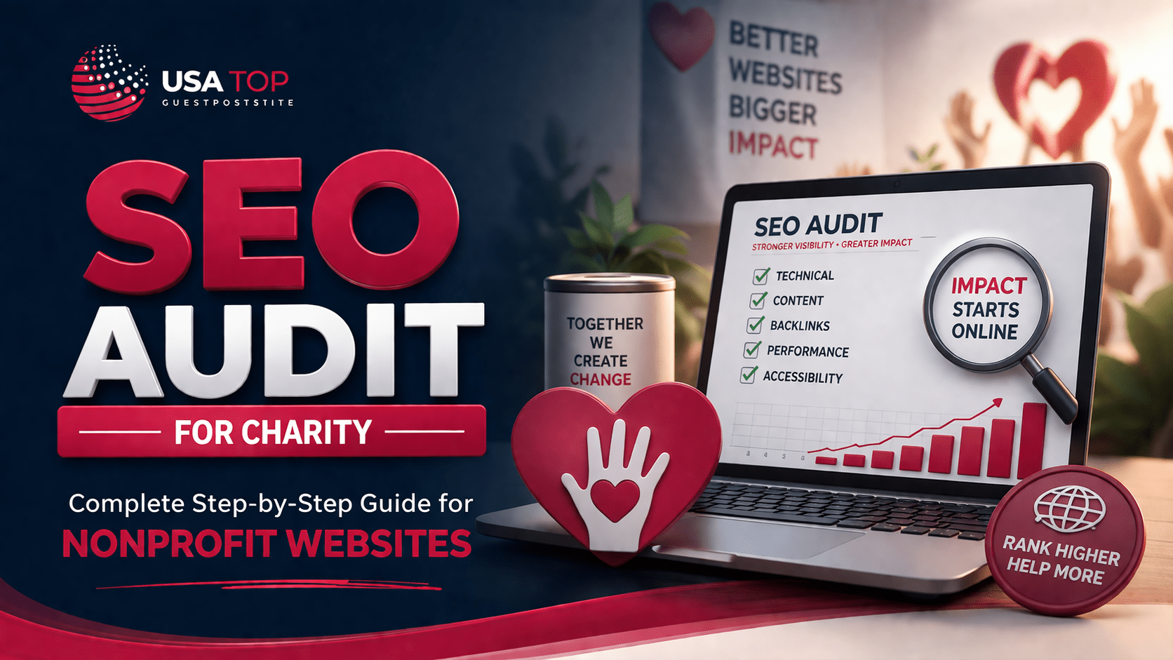 SEO audit for charity nonprofit websites featured image with laptop, analytics dashboard, charity icons, and USA Top Guest Post Site branding