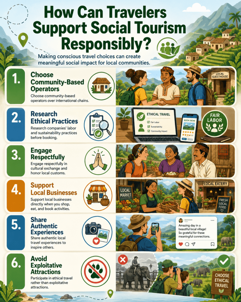 What can travelers do to support social tourism responsibly?