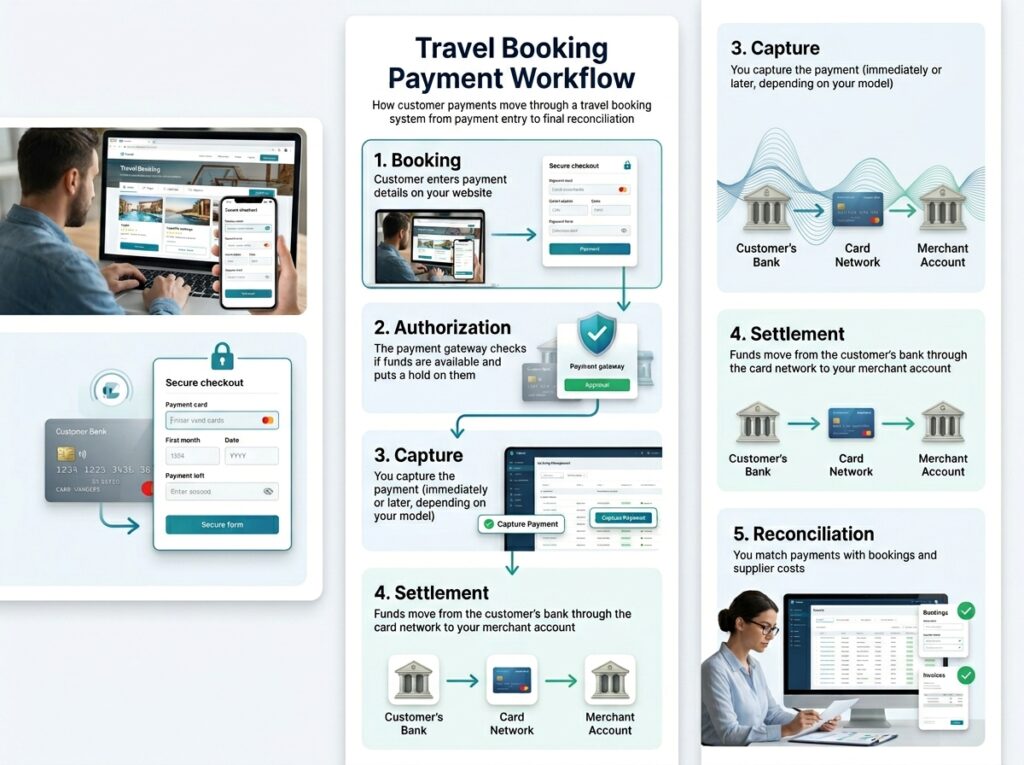 The travel booking payment workflow follows these steps